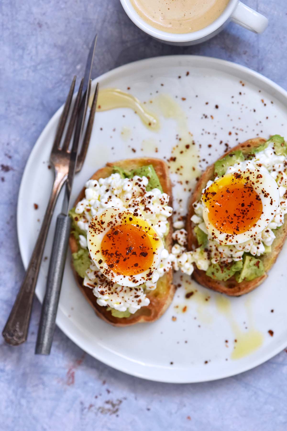 cottage cheese avocado sourdough toast with soft boiled eggs