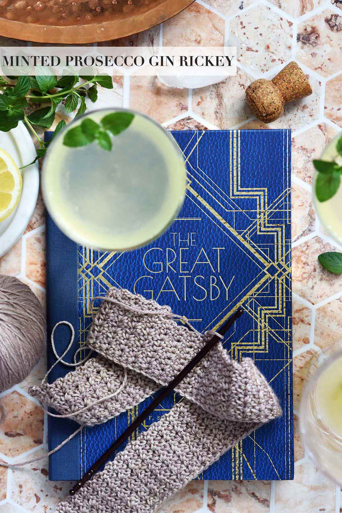 flat lay of the great gatsby crochet and cooking project