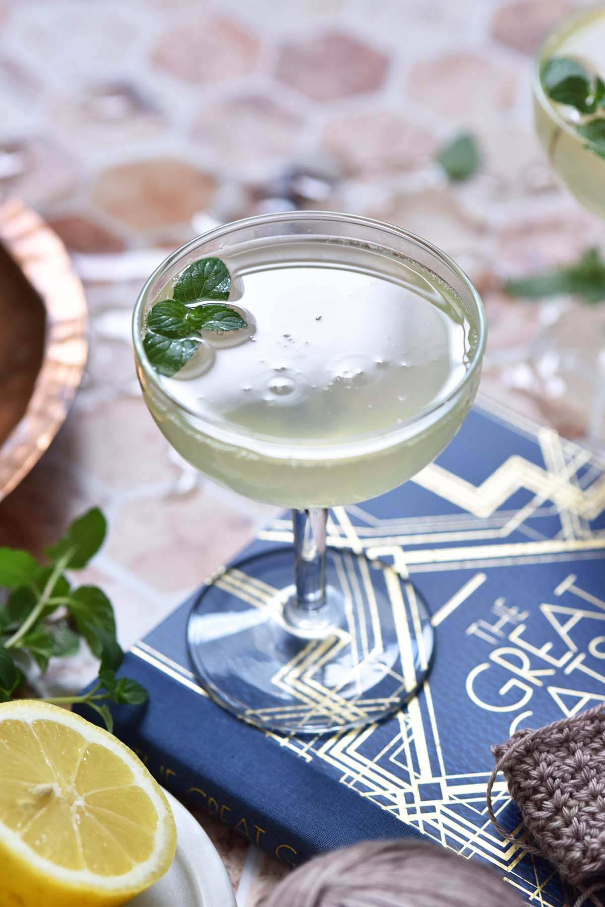 minted prosecco gin rickey cocktail in vintage coupe glass