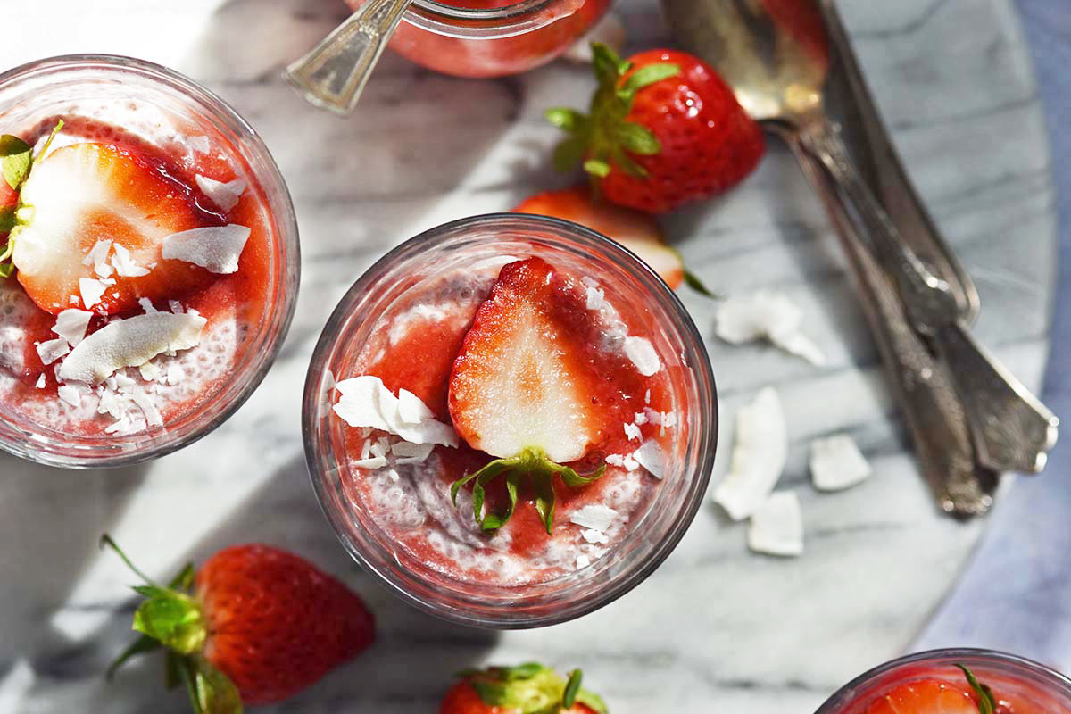 top view of vegan strawberry chia pudding with coconut milk