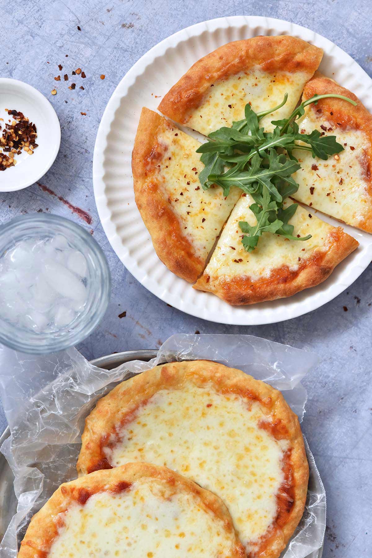 top view of homemade pizza dinner made with healthy greek yogurt sourdough pizza dough