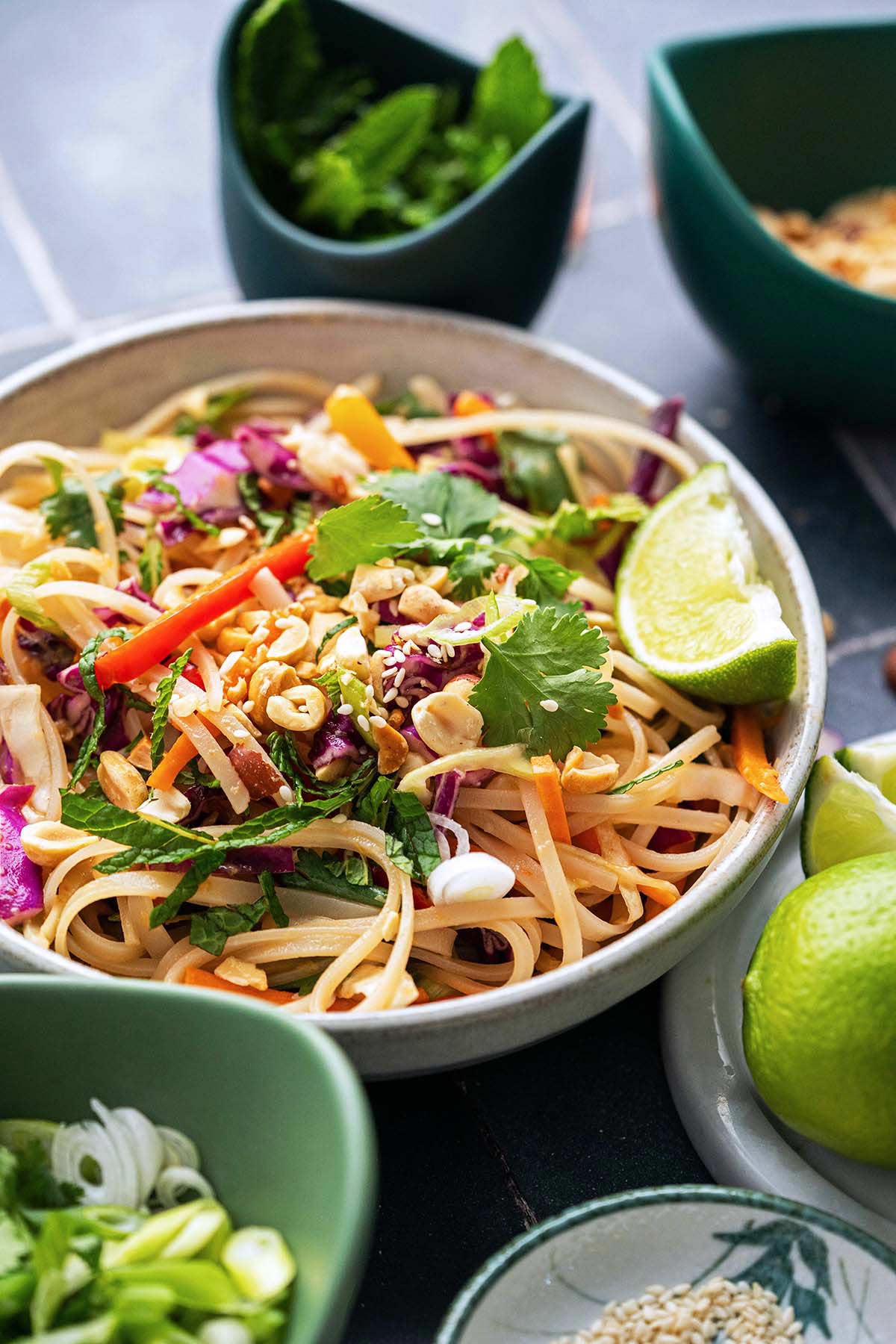front view of Thai peanut rice noodle salad