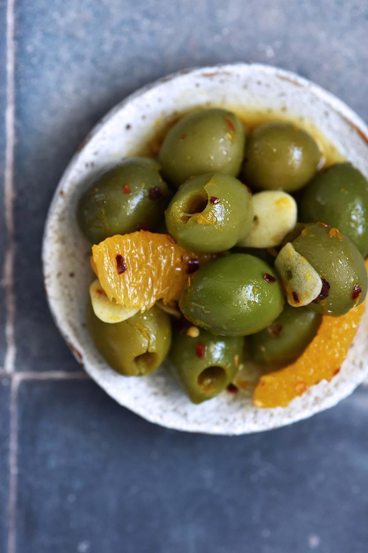 garlic citrus marinated green olives