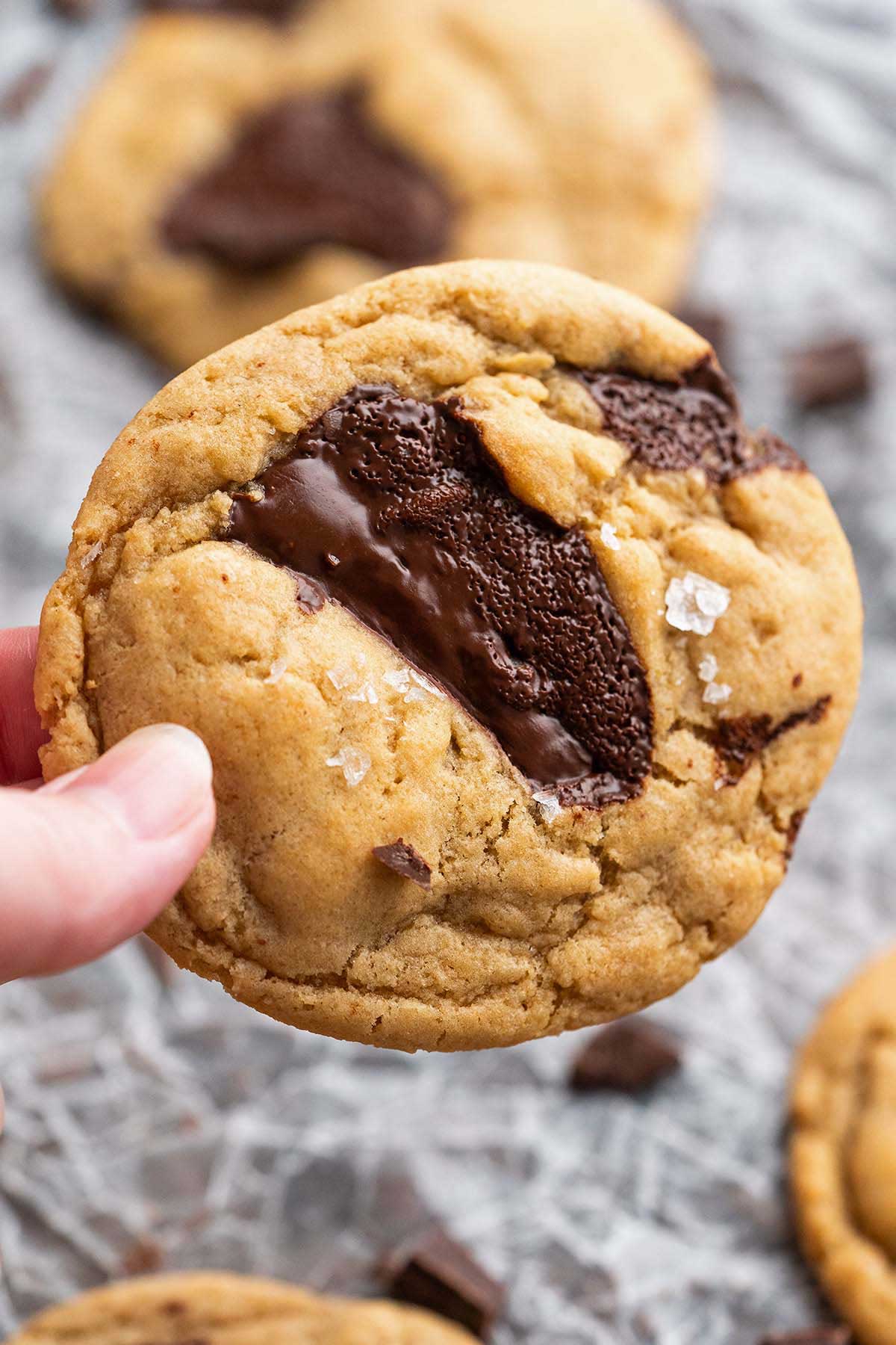 hand holding sourdough chocolate chunk cookie