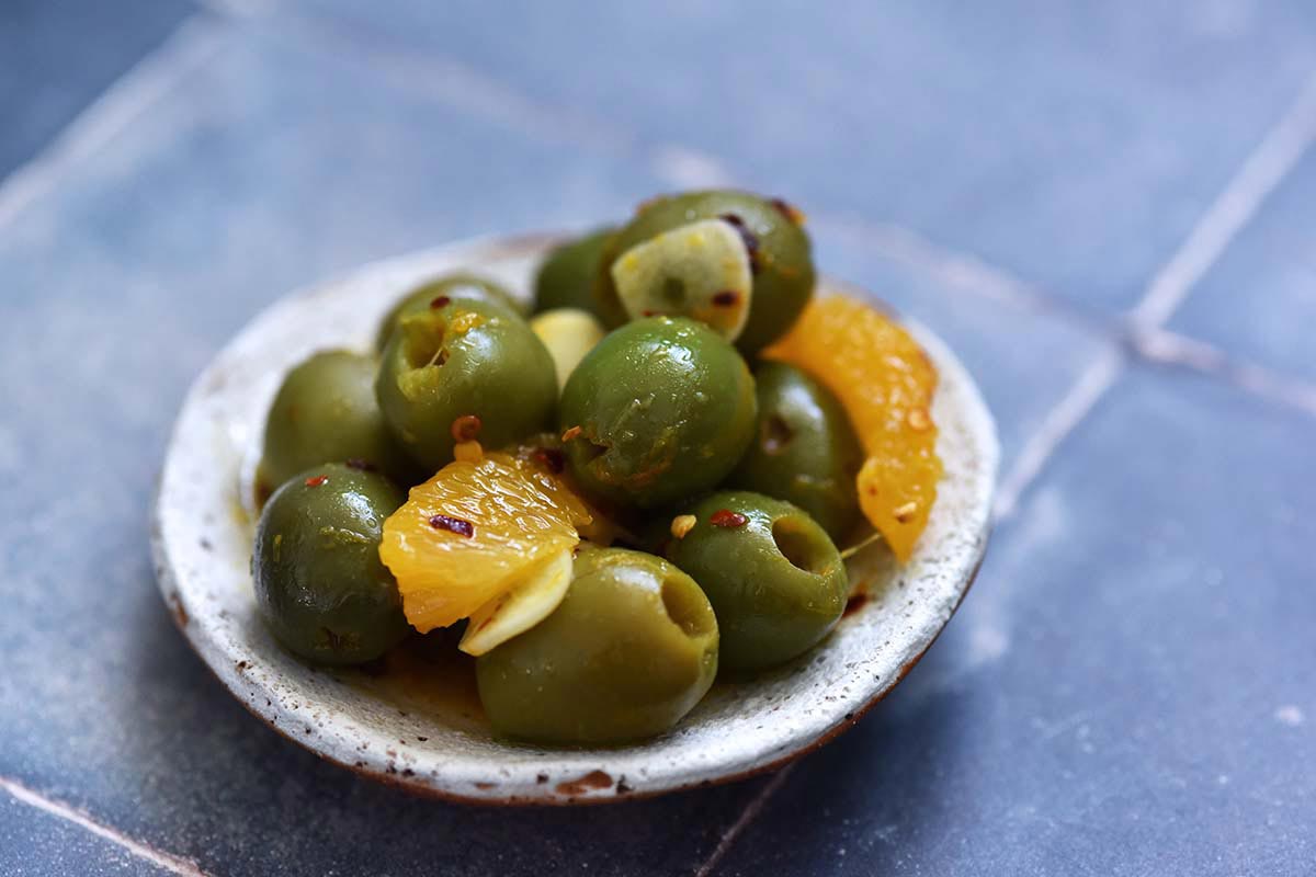 marinated castelvetrano olives with oranges and garlic