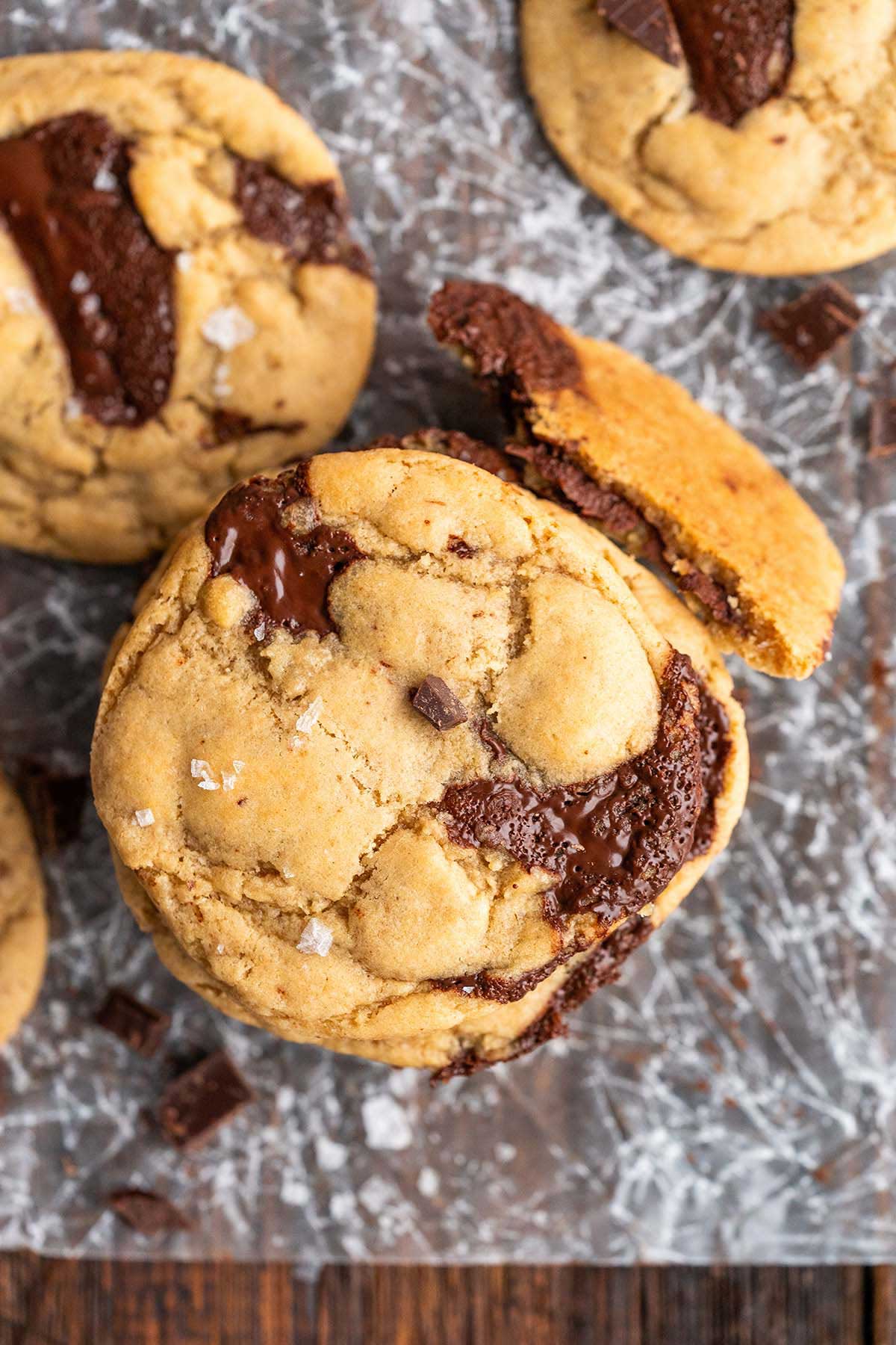 top view of soft and chewy inside and crispy outside sourdough chocolate chip cookies