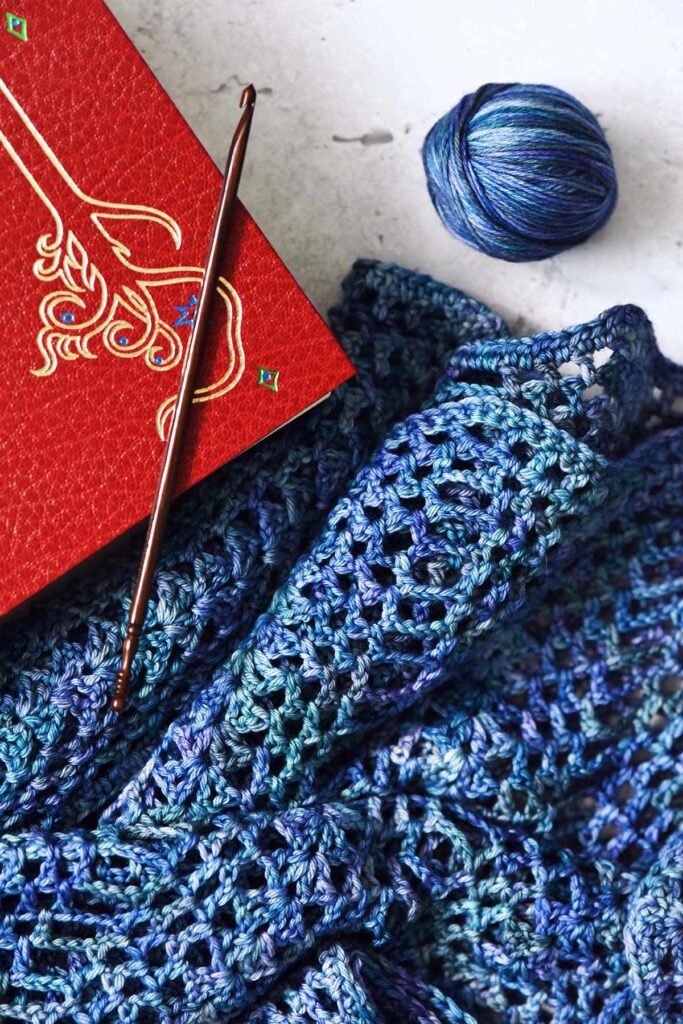 azaleas blue shawl with crochet hook and lord of the rings red book