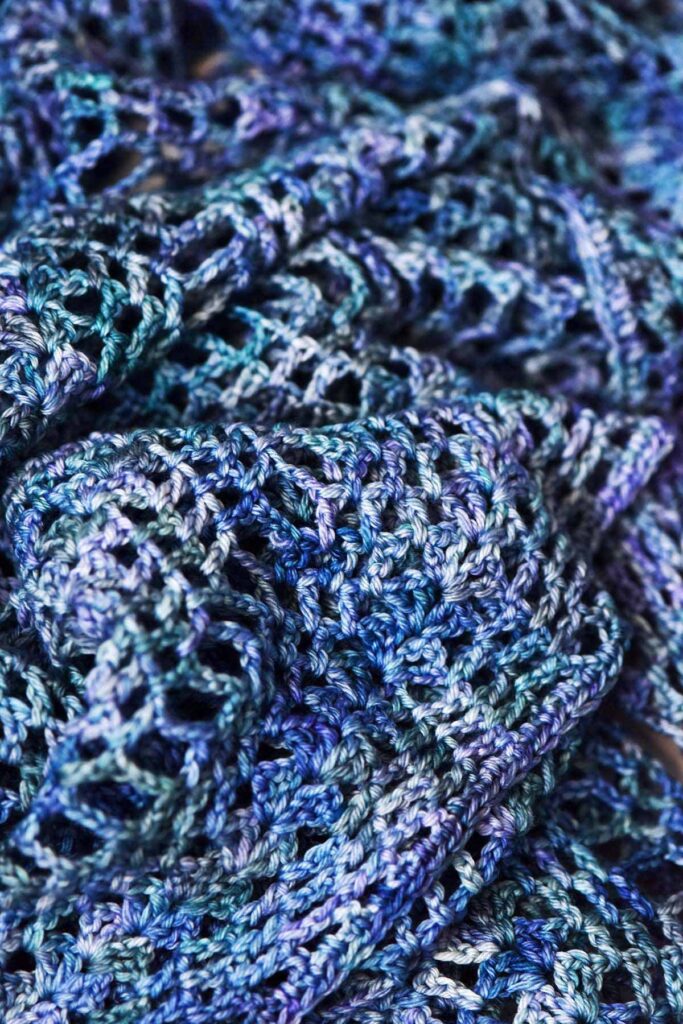 blue drapey crochet shawl or wrap