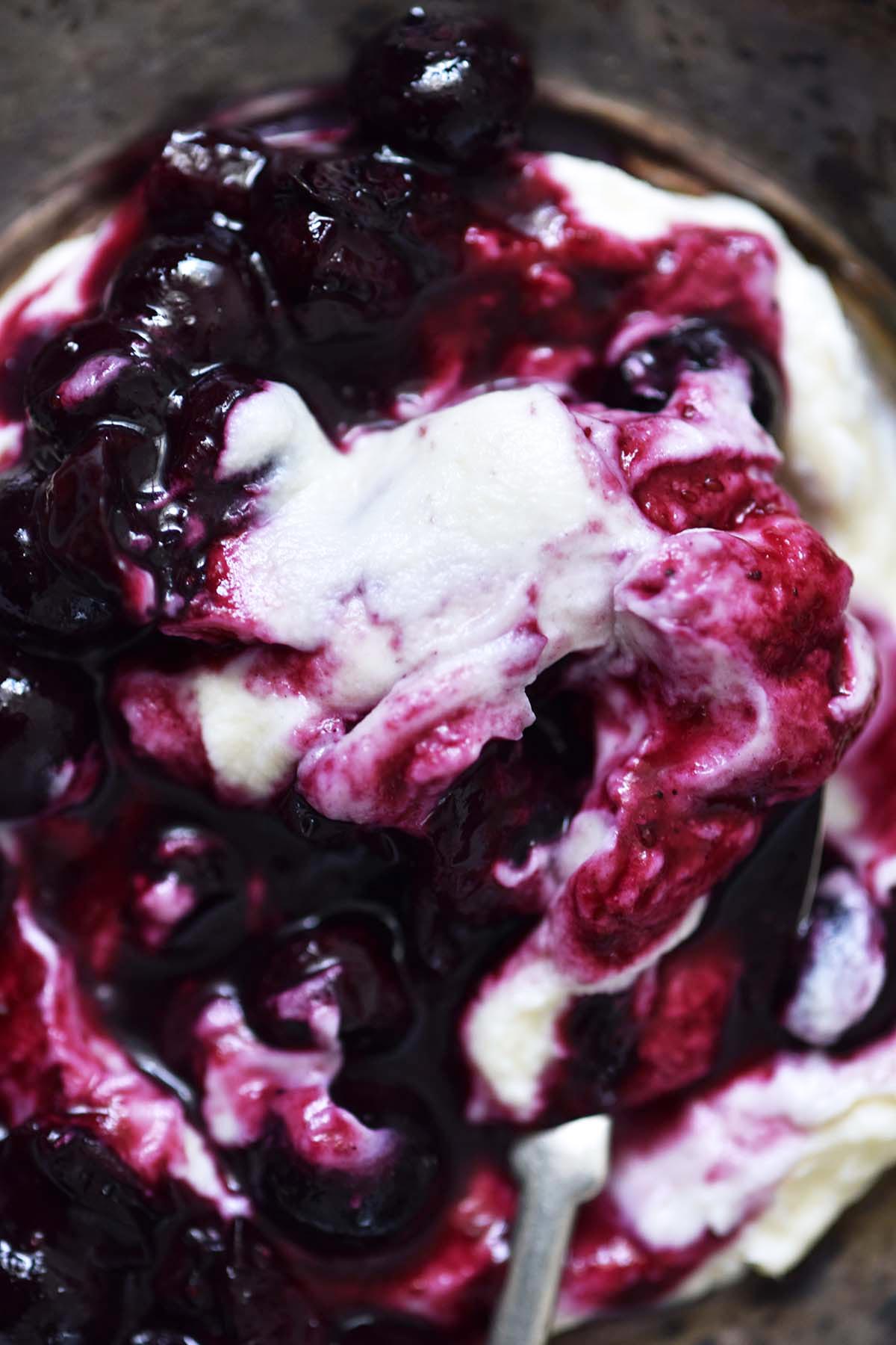 close up top view of mascarpone blueberry fool