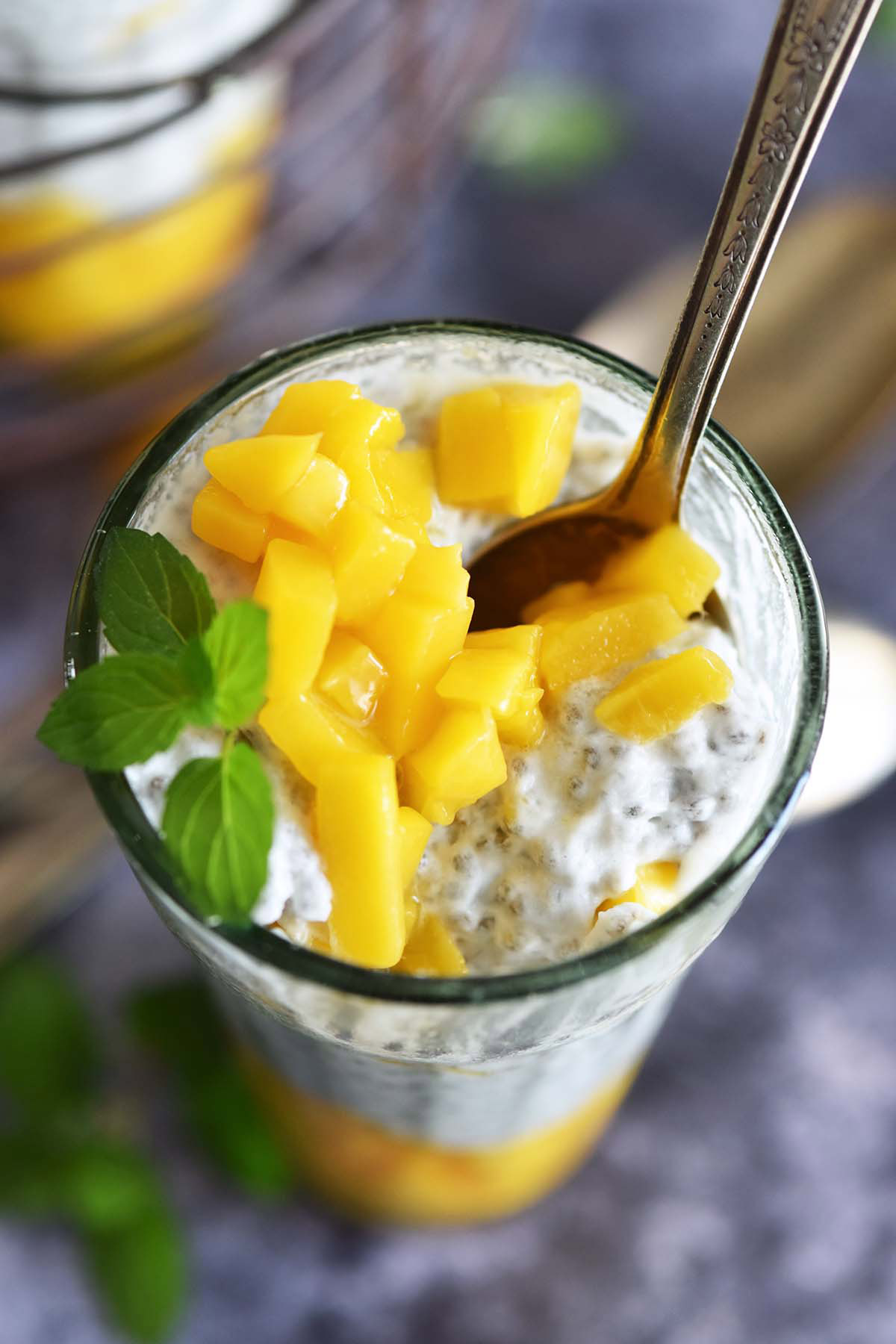 rich creamy coconut chia pudding with mango