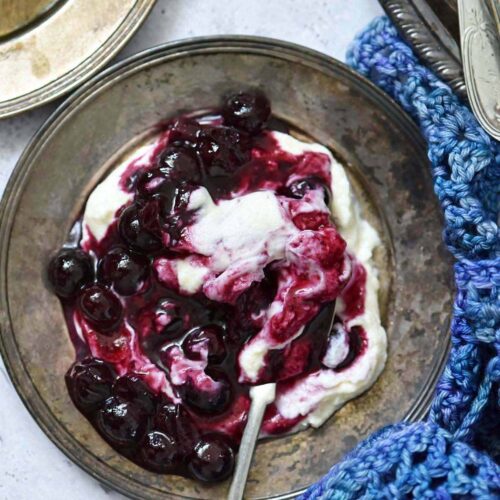 saucy roasted blueberries with whipped mascarpone cream recipe featured image