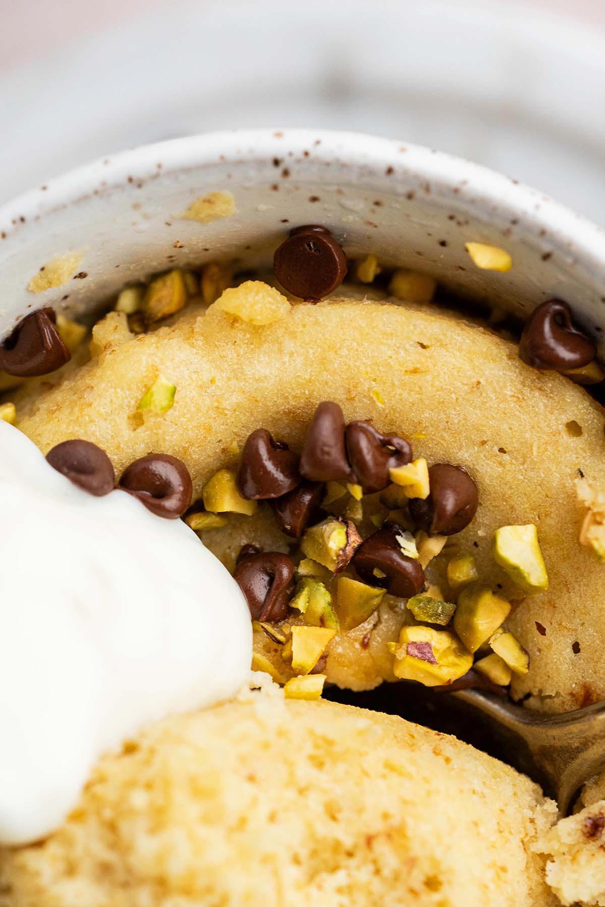 close up top view of fluffy healthy microwave cake