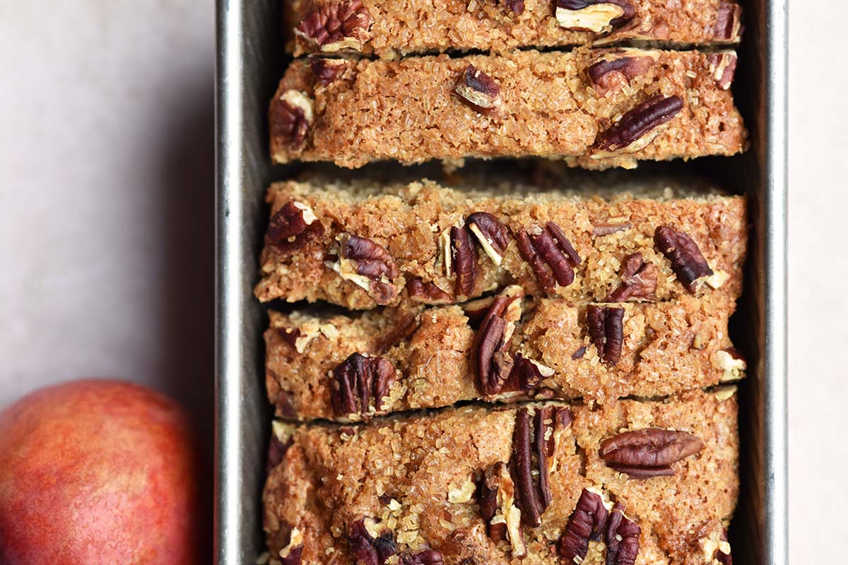 close up top view of sliced peach bread