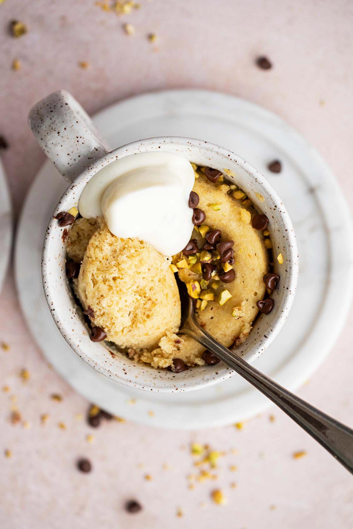 fluffy vanilla almond protein microwave mug cake