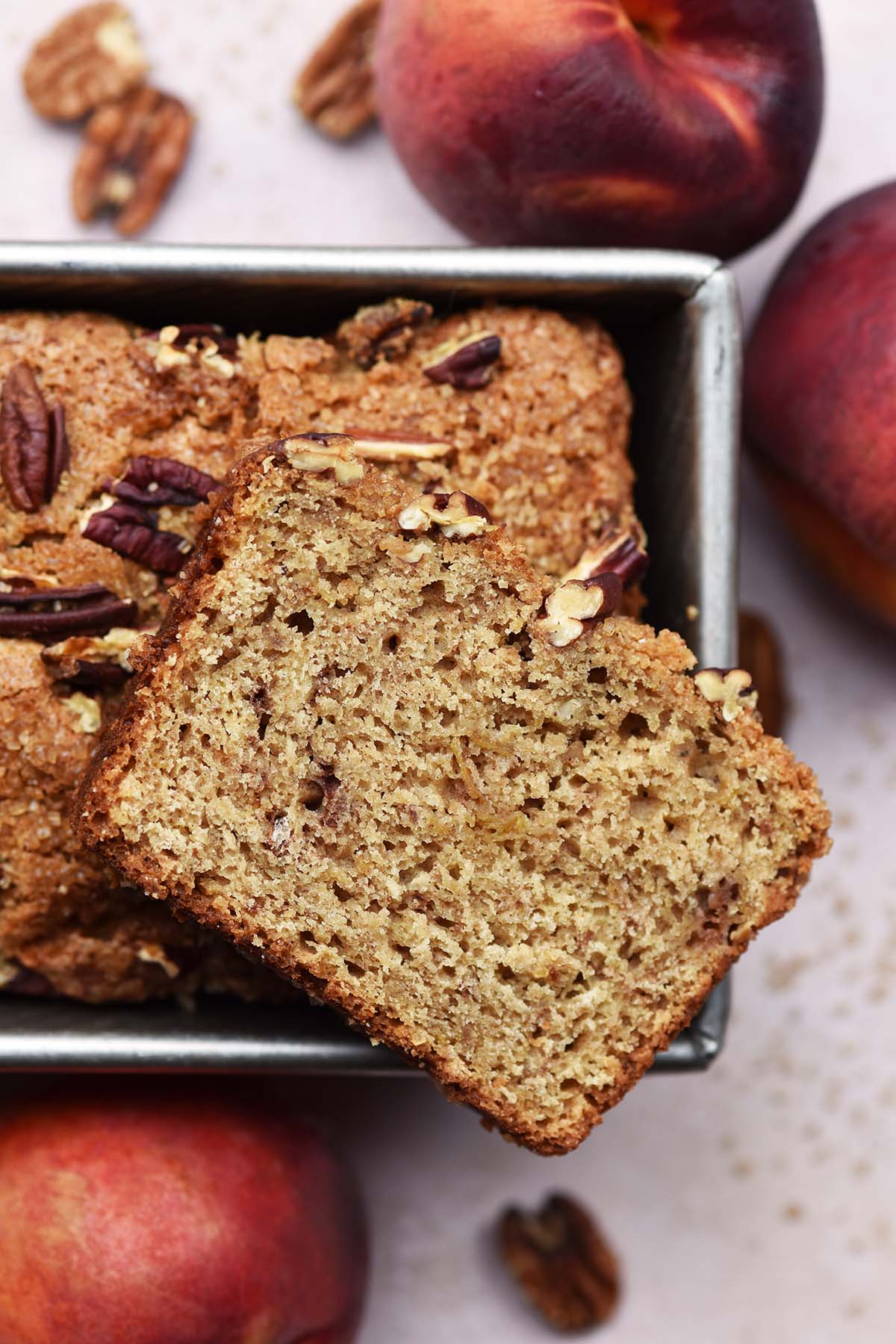 sourdough discard quick bread made with fresh peach