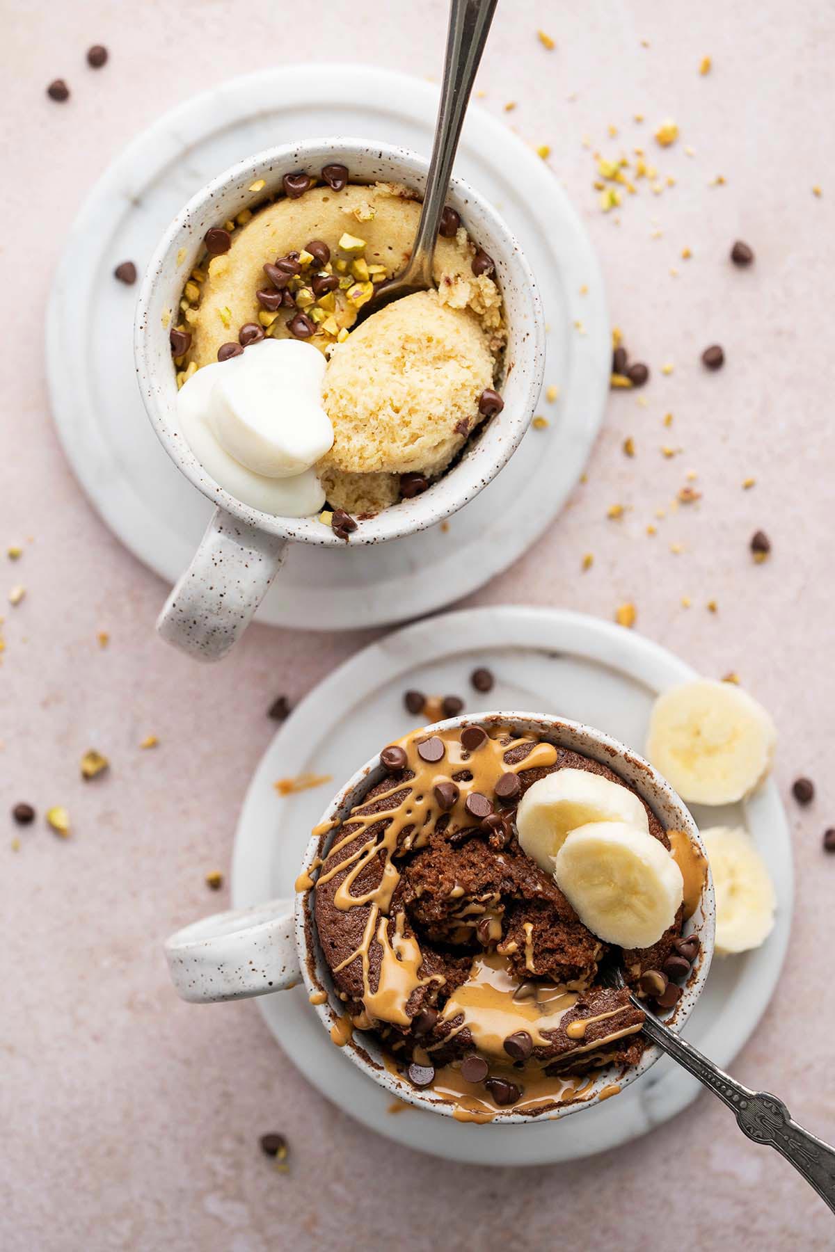 vanilla and chocolate protein mug cakes made in microwave