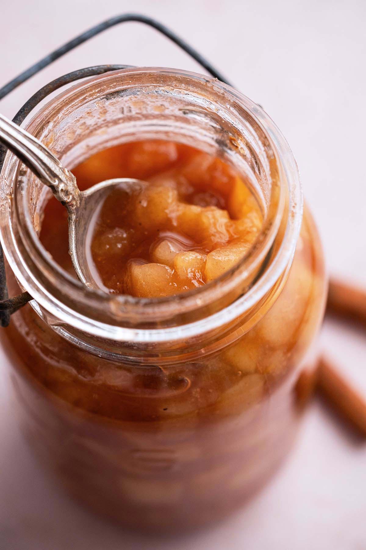 close up of jar of easy homemade pear preserve