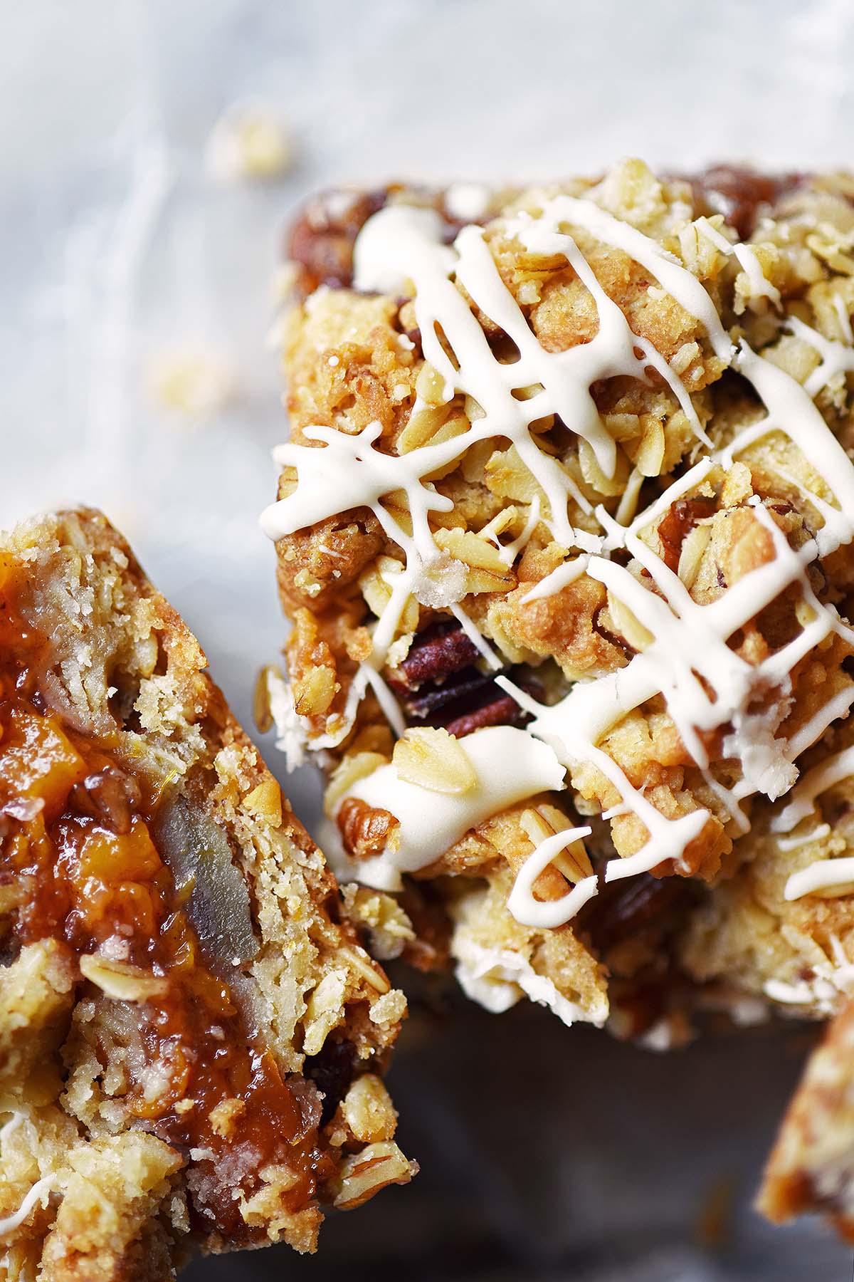 close up overhead view of peach crumb bar