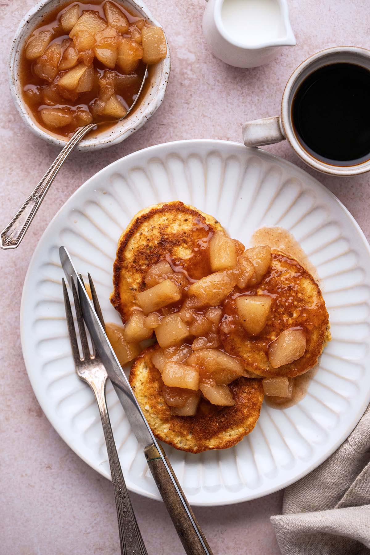pear preserves topping on matzo meal pancakes