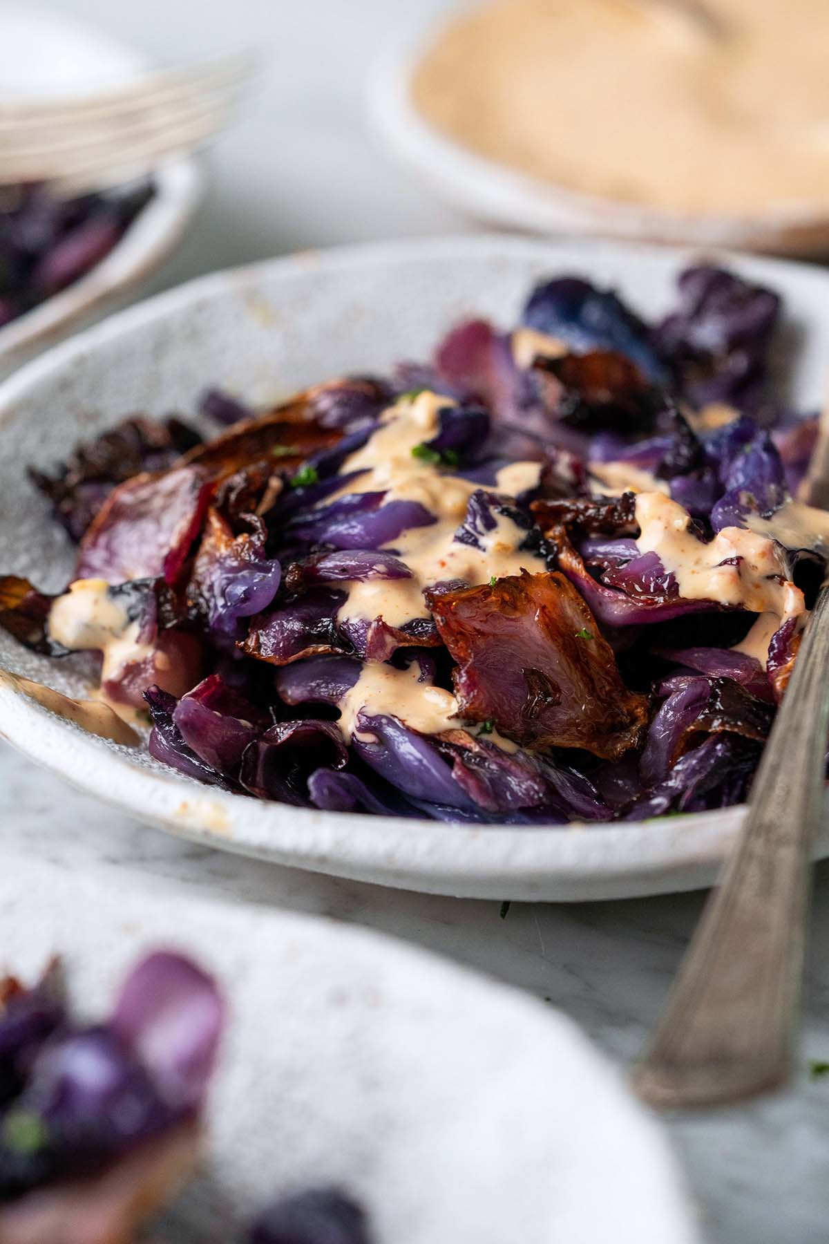 spicy garlic mayonnaise sauce on simple roasted red cabbage chips