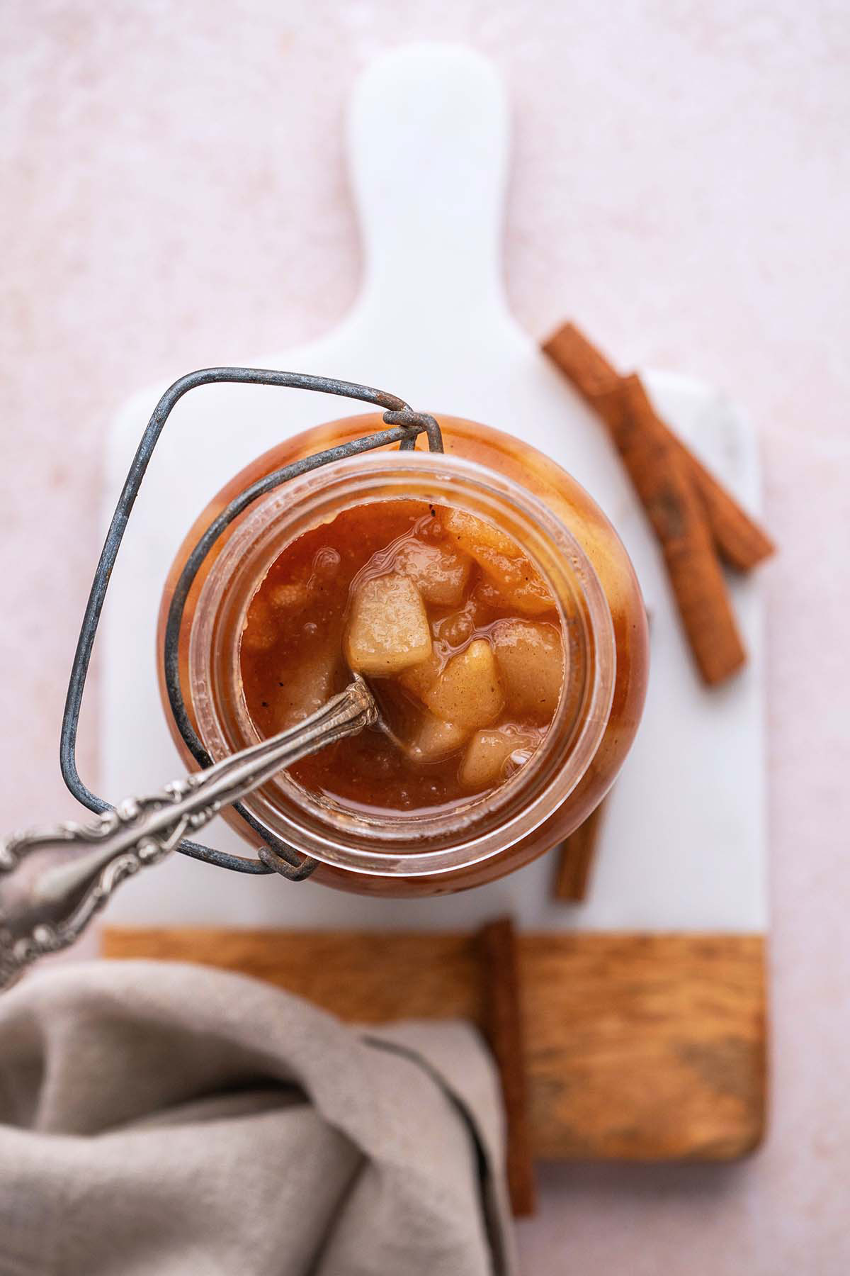 top view of old fashioned pear preserves in vintage glass jar