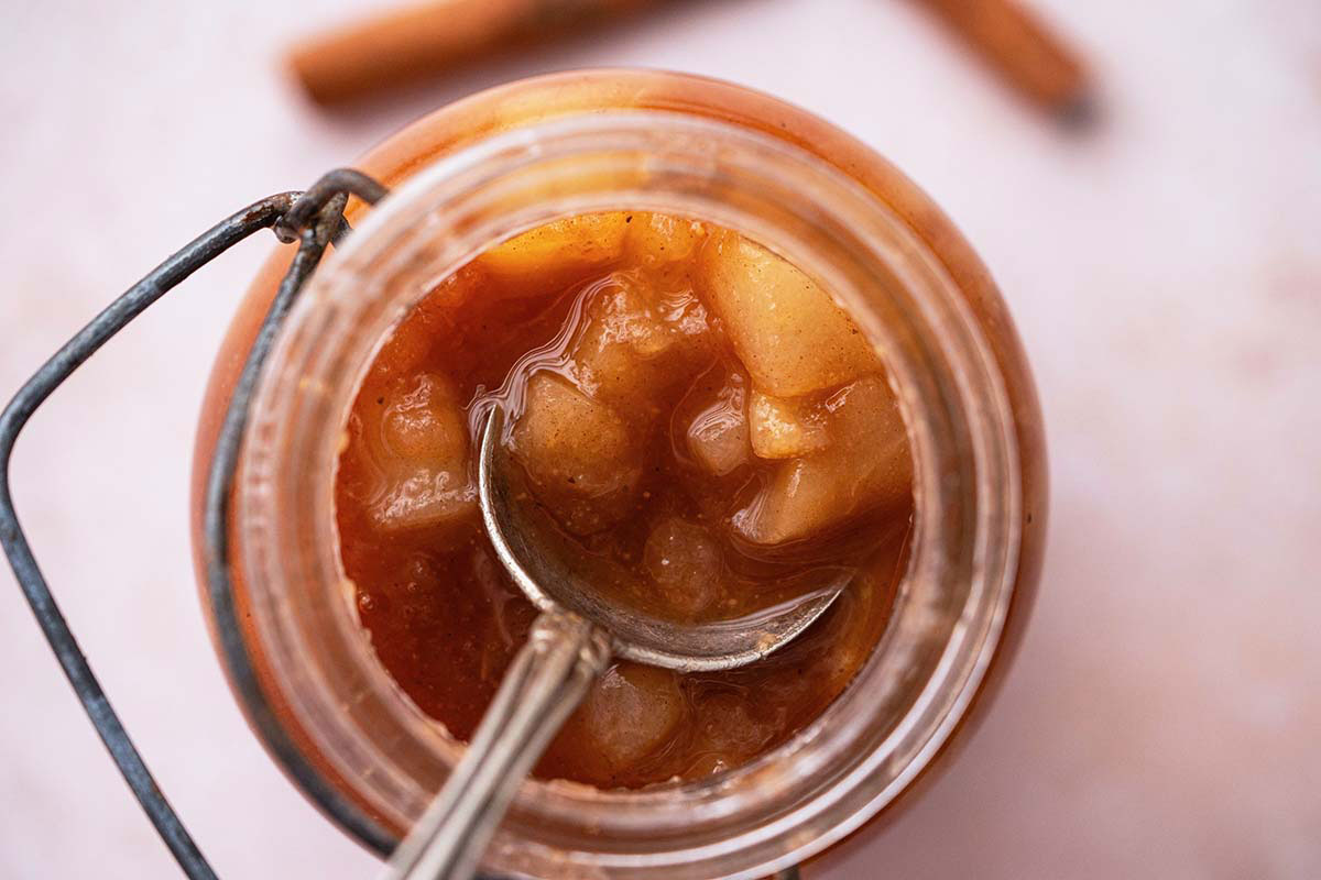 vintage glass jars of preserved pear