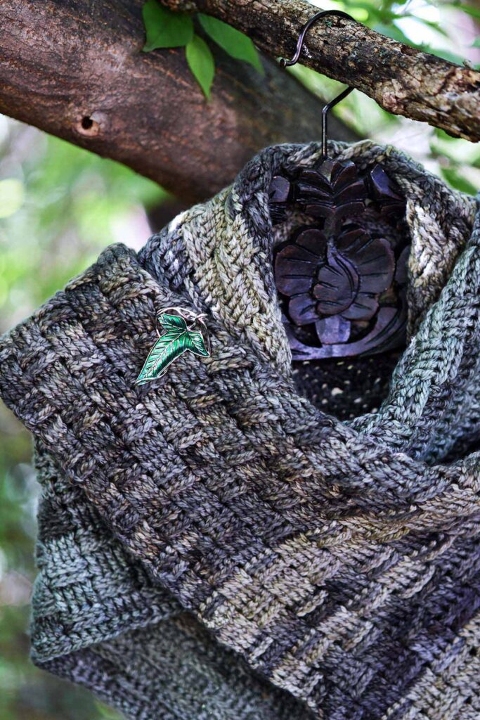 c2c crochet shawl in silver and green earth tones