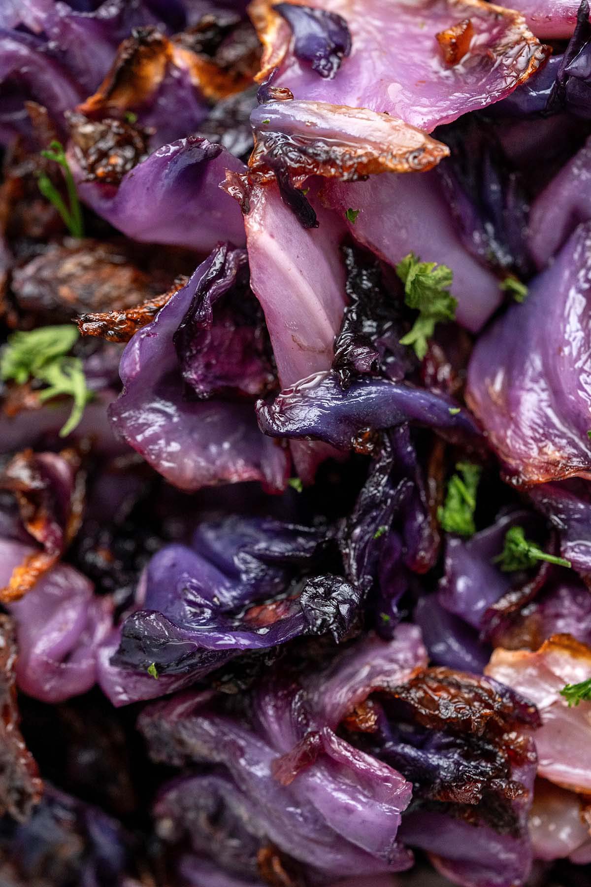 close up of crispy roasted red cabbage leaves