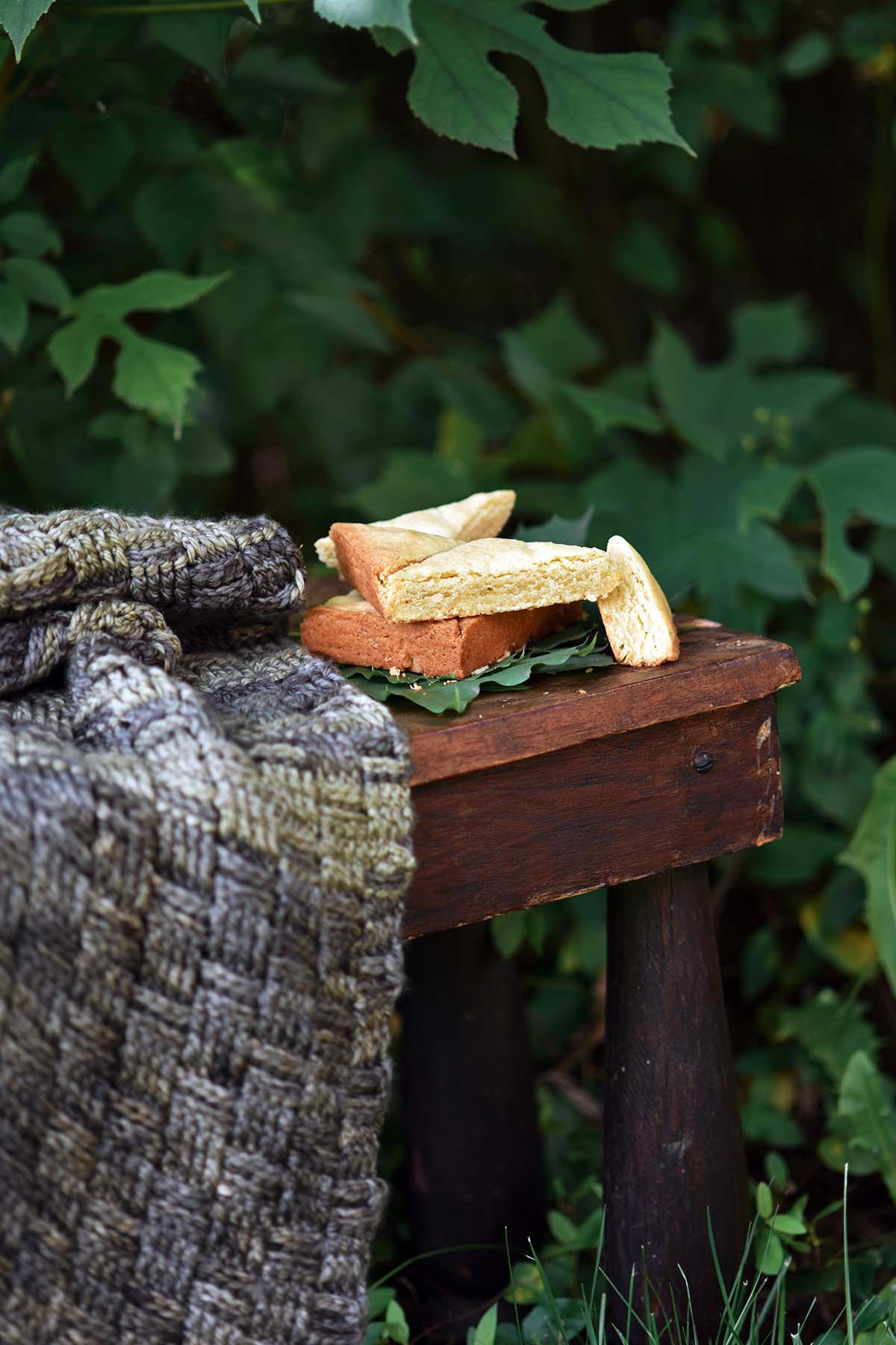 elvish waybread and cloak on wooden bench in the forest
