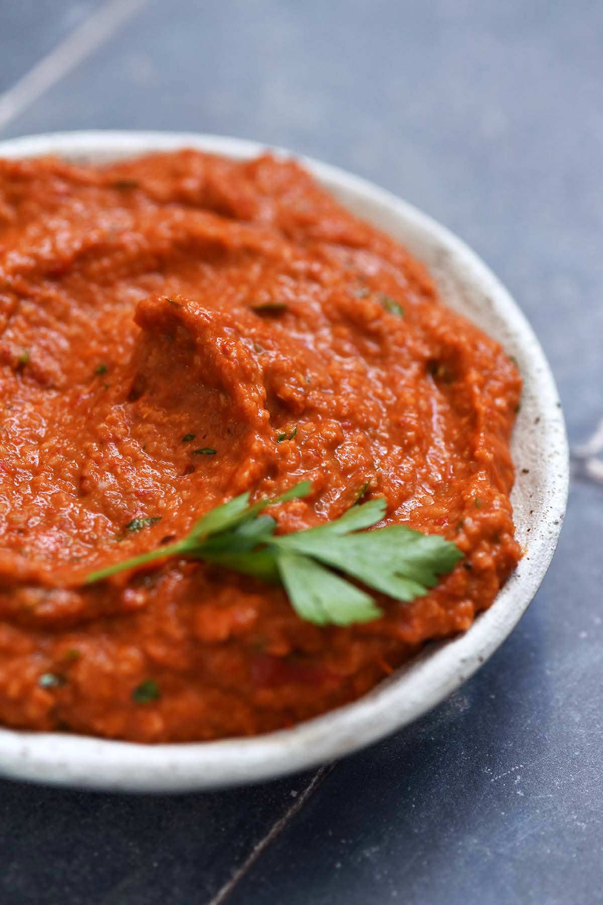 front view of from scratch fresh romesco dip