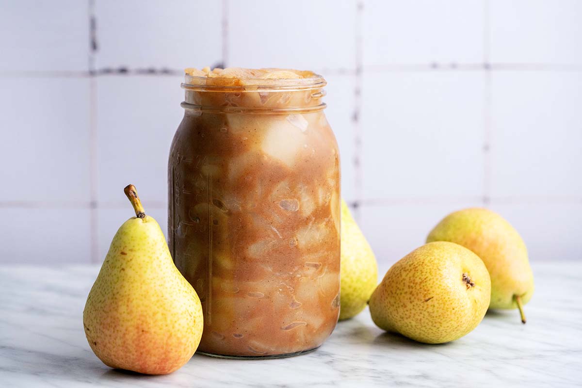 glass jar with homemade brown sugar pear pie filling