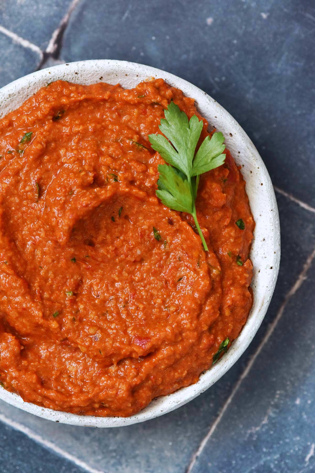 gluten free romesco sauce in white ceramic dish