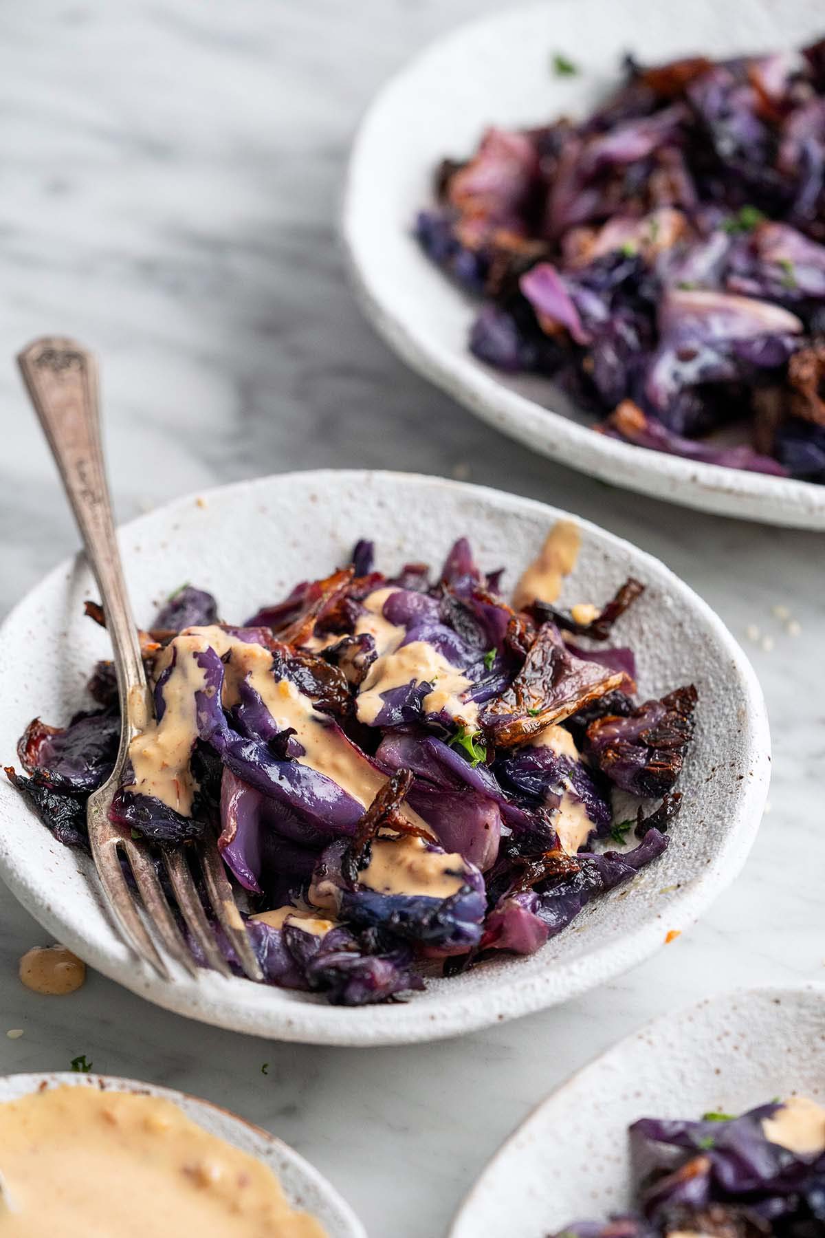 simple red cabbage side dish topped with spicy mayonnaise