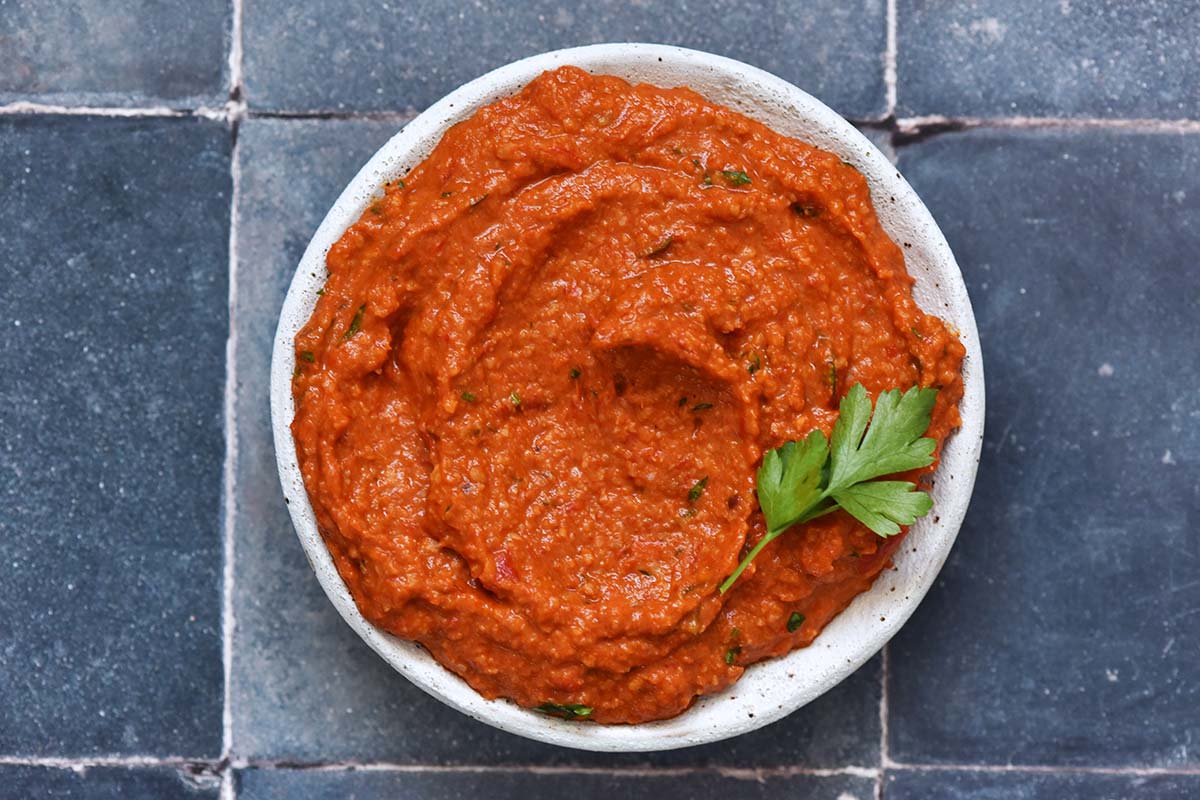 top view of bowl of Spanish romesco sauce