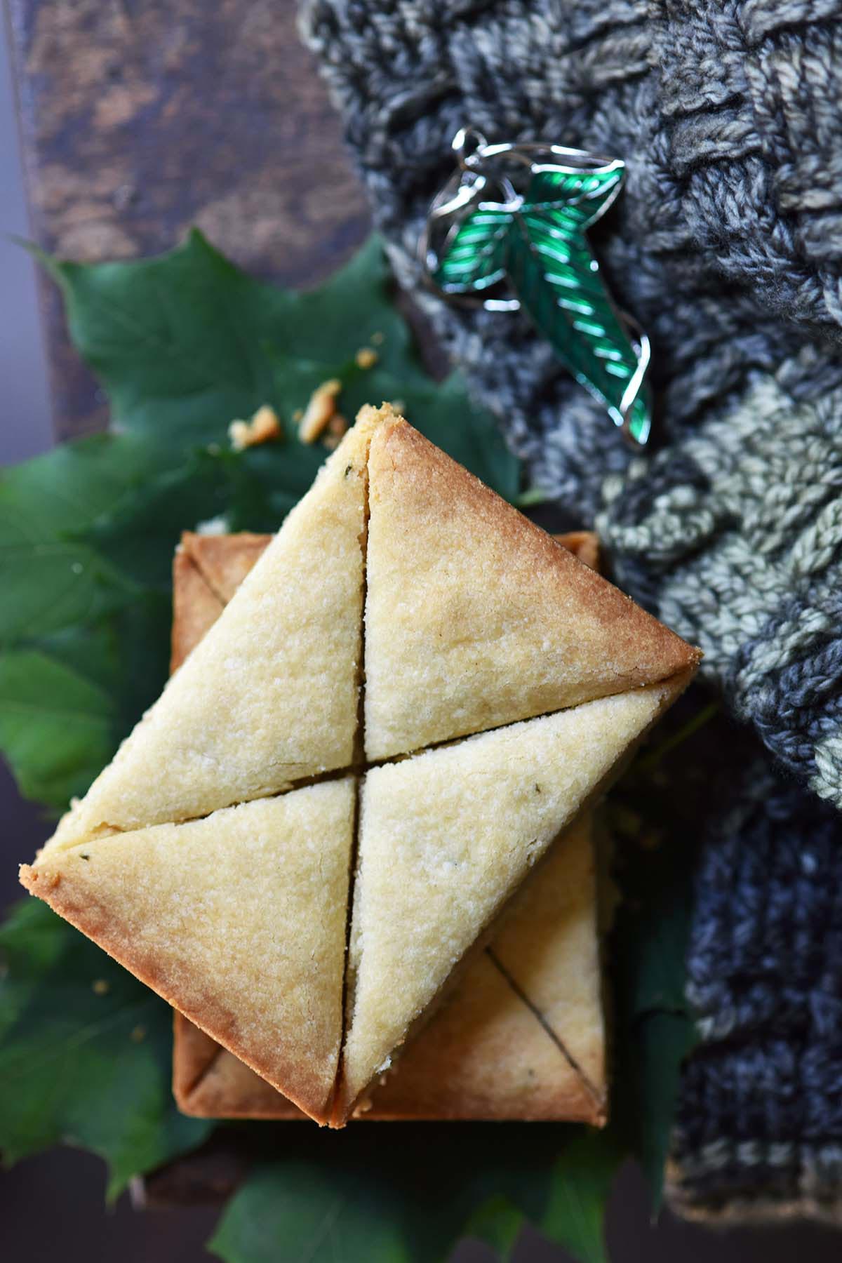top view of homemade lotr lembas inspired shortbread with rosemary and cardamom