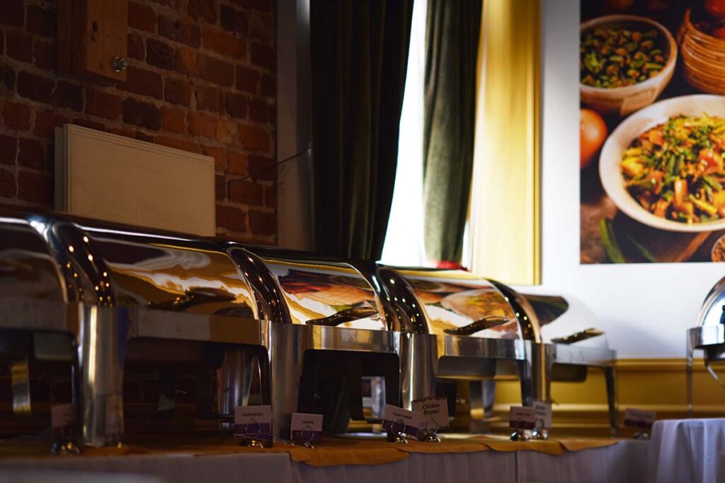 chafing dishes in banquet hall at DIYA