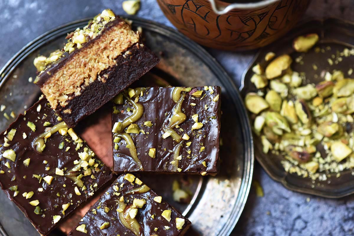 dubai chocolate brownies made with naked whey protein powder