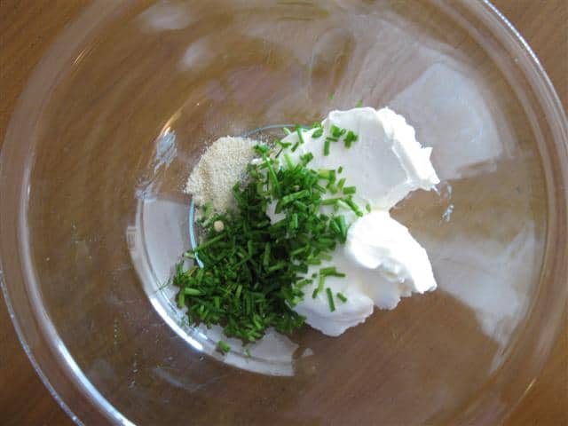 Clockwise, From 2 o'clock: Neufchatel cheese, Greek-style yogurt, chives, garlic powder