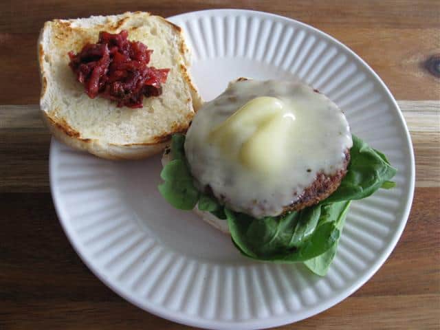 Picadilly Relish on a Gardenburger with Sharp White Cheddar and Baby Spinach