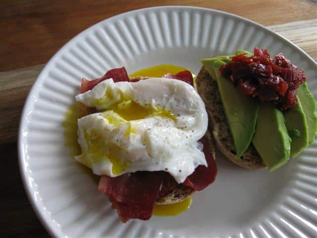 Picadilly Relish on English Muffin Egg Sandwich with Turkey Bacon and Avocado