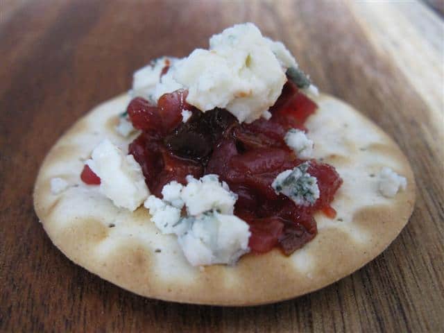 Picadilly Relish on Water Crackers with Bleu Cheese