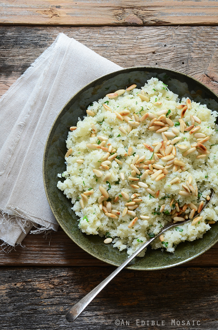 Low-Carb Herbed Cauliflower “Rice” with Pine Nuts {Paleo}