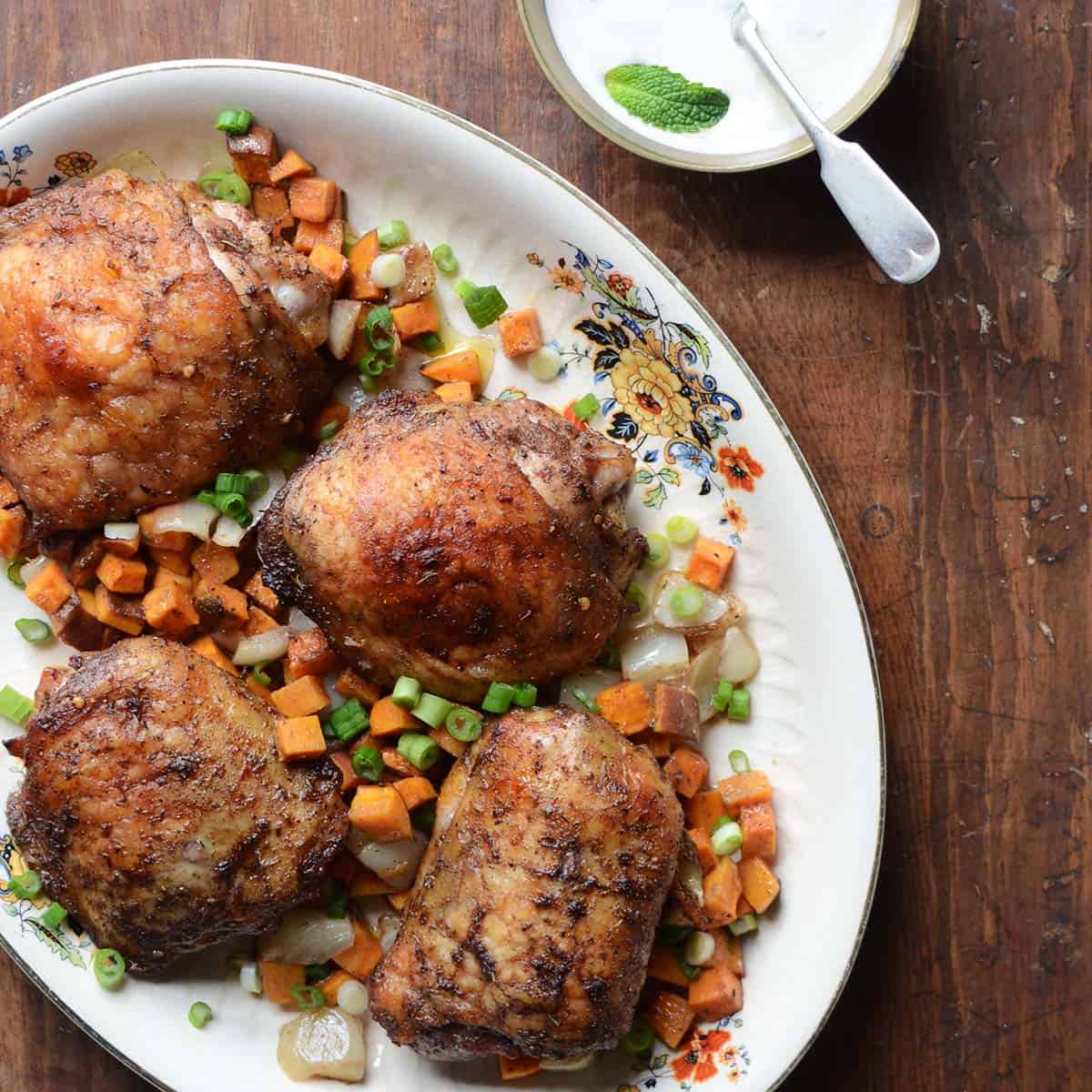 1Pan Roasted Jerk Chicken Thighs with Sweet Potatoes An Edible Mosaic™