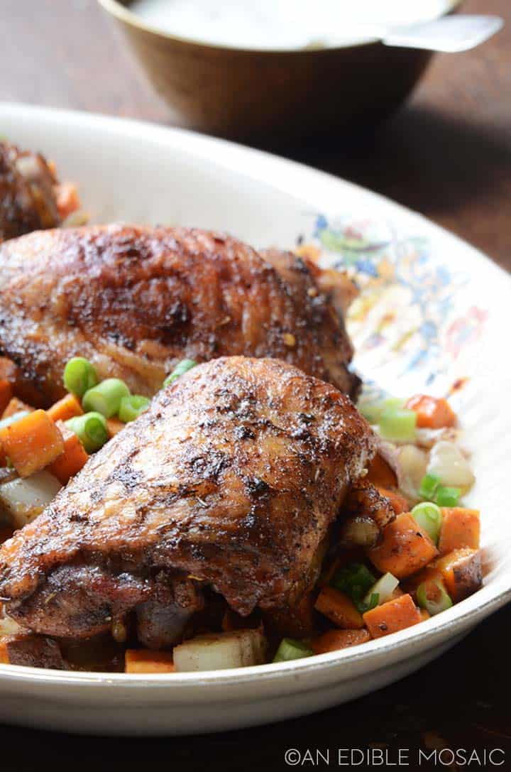 1Pan Roasted Jerk Chicken Thighs with Sweet Potatoes An Edible Mosaic™