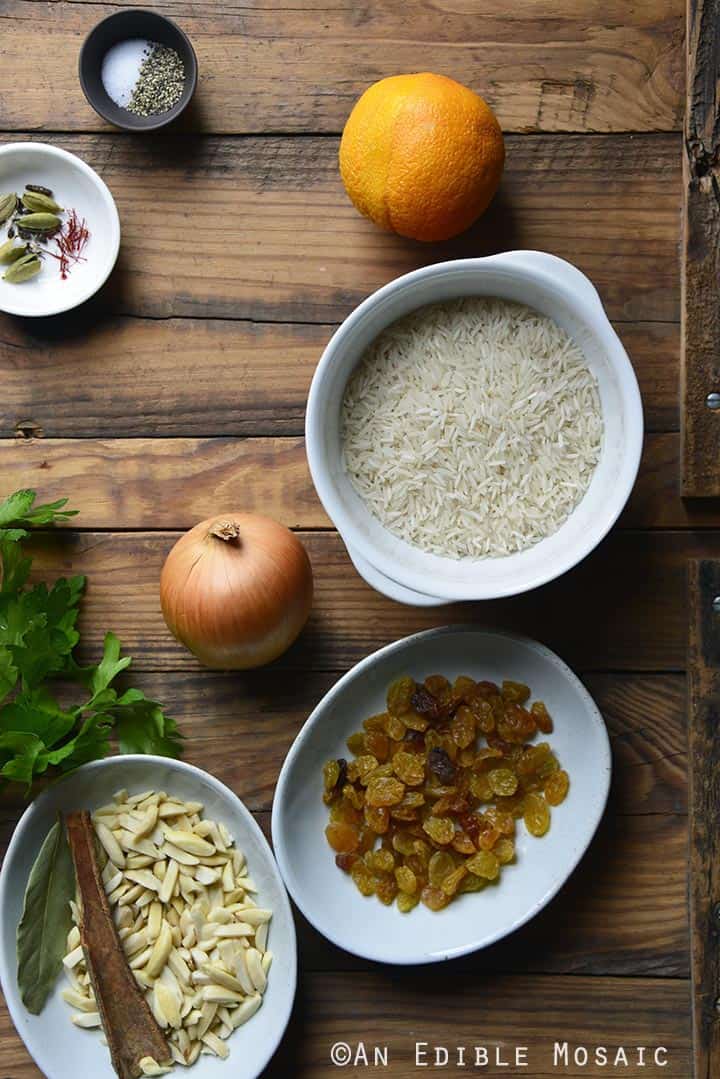 Orange and Toasted Almond Saffron Rice Pilaf with Golden Raisins An