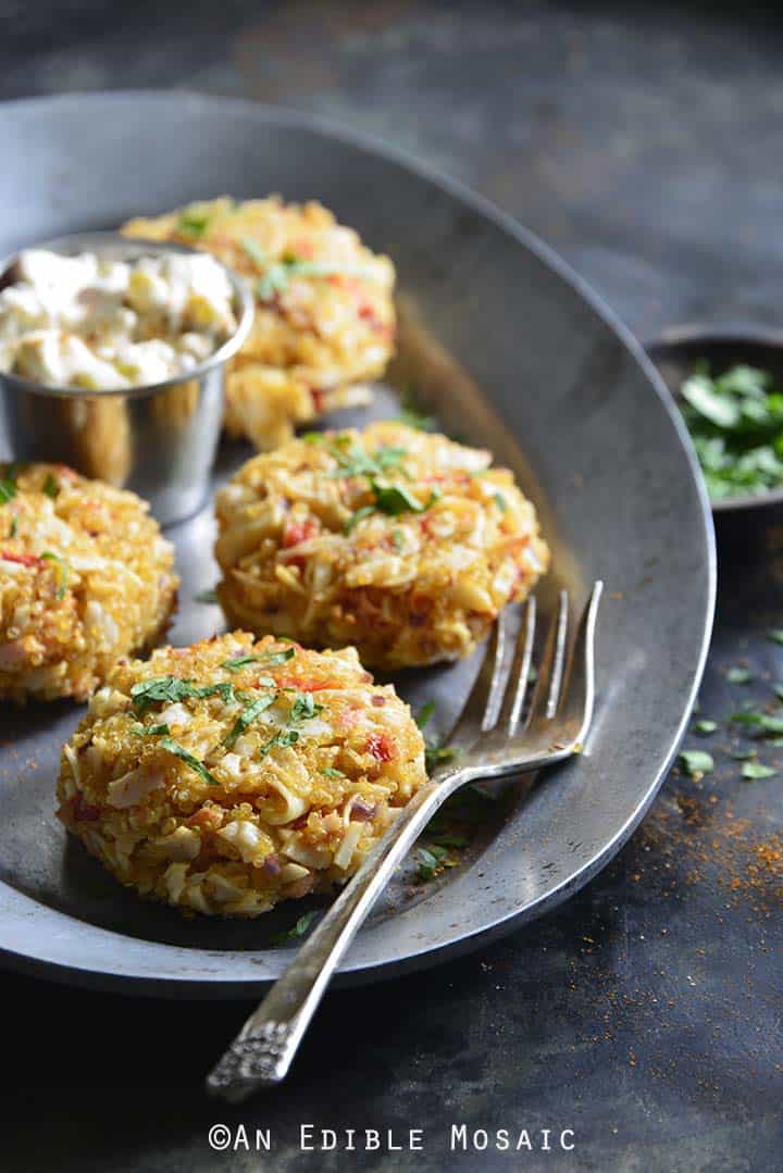 Old Bay Roasted Red Pepper Quinoa Seafood Cakes with Bread and Butter