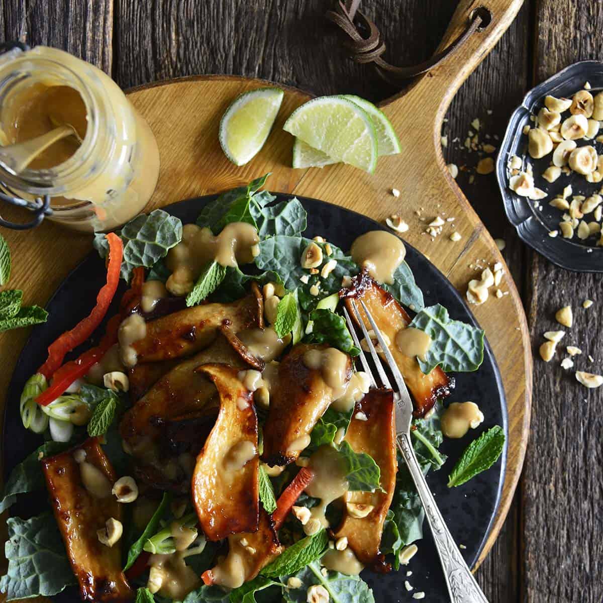 Simple Glazed King Oyster Mushroom Recipe Served with Kale Salad and