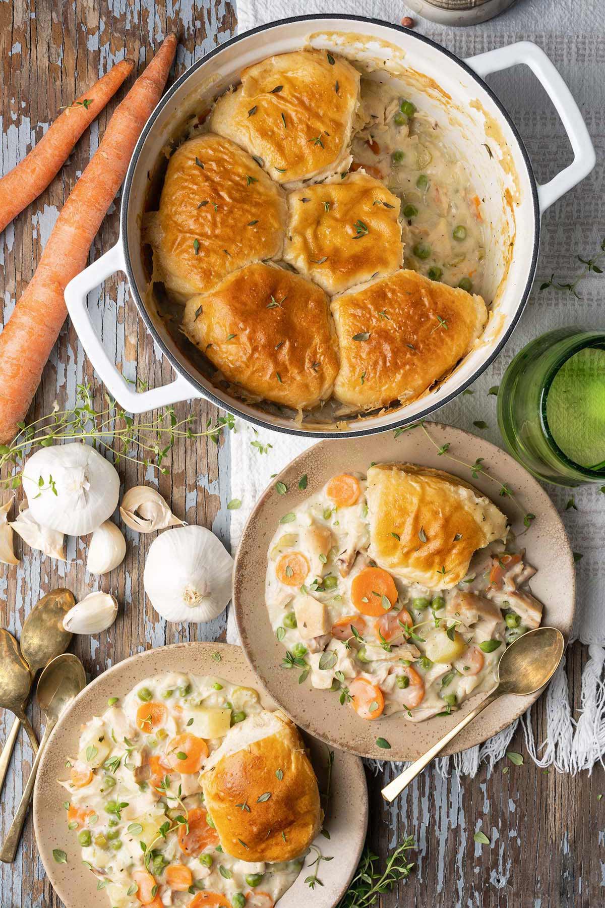 Easy weeknight chicken pot pie recipe with biscuits.